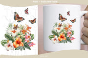 Tropical Flowers Png With Butterflies | PNG Digital Download