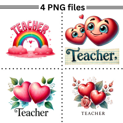 Teacher Themed Retro PNGs for DIY Crafting, Vibrant Teacher Designs for Cards, Coquette Teacher Valentine PNGs Instant Download