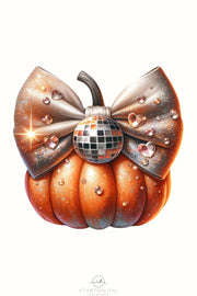 Coquette Pumpkin PNG with Bow, Disco Ball Pumpkin, Fall Sublimation, Autumn Aesthetic for Shirts, Fall Coquette Bow, Sublimation Design