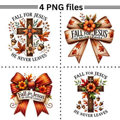 Fall for Jesus He Never Leaves Png, Fall Christian Sublimation, Coquette Bow, Fall Leaves, Cross PNG, Print on Demand, Autumn Shirt Design