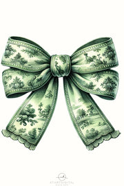 Green Coquette Bow PNG | Grandmillennial Watercolor & Toile de Jouy Chinoiserie for Christmas Sublimation Designs