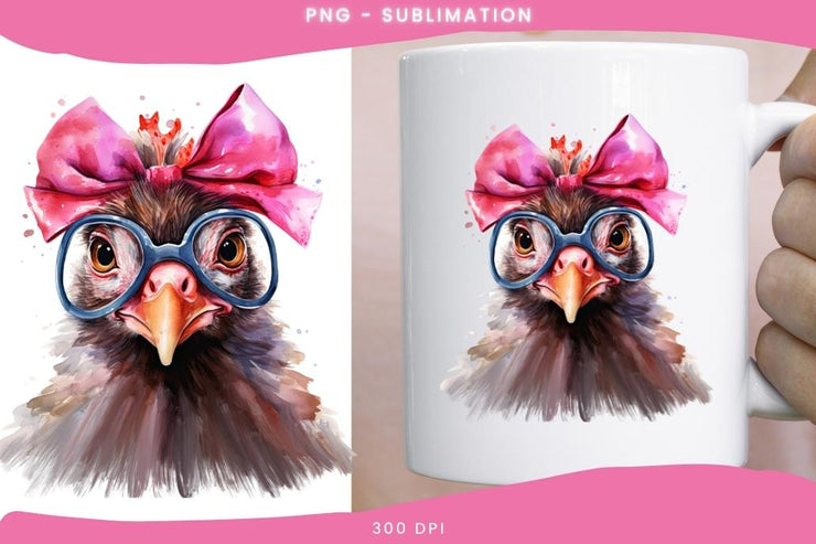 Funny Chicken with Pink Bow and Glasses PNG Sublimation Design