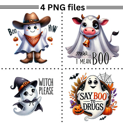 Cute Ghost Sublimation PNG Set, Retro Halloween Design, Digital Files, Ghostly Clipart, Print on Demand, Witch Please Shirt Design, Boo Haw