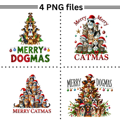 Merry Dogmas & Catmas PNG, Funny Pet Christmas PNG Set, Festive Animal PNG Bundle, Christmas Sublimation Designs, Holiday Digital Prints