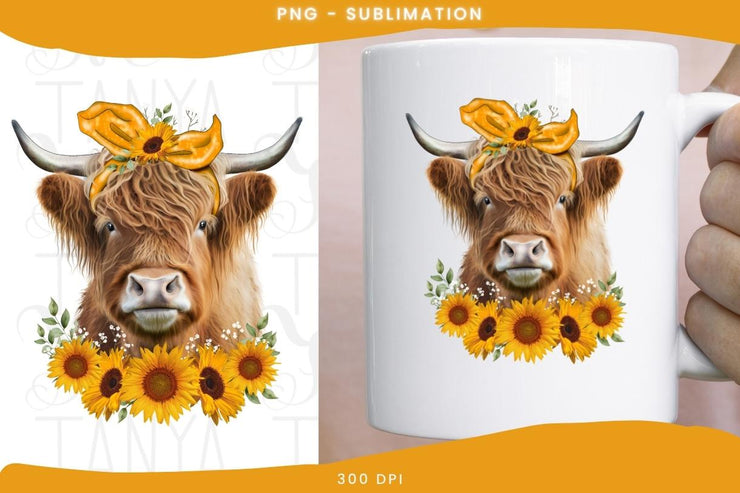 Cow With SunFlowers Png For Sublimation