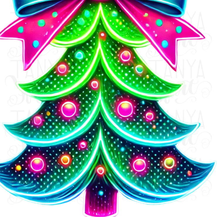 Neon Christmas Tree PNG, Pink Brushstroke & Coquette Bow for Trendy Girly Christmas Shirt Designs, Christmas Coquette, Sublimation