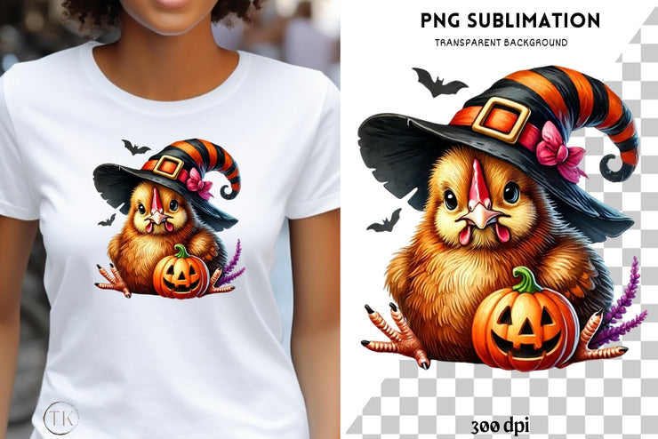 Funny Chicken Witch PNG | Halloween Chicken Lady Shirt Design, Sublimation & Transparent Stickers for Digital Crafting, Transparent Designs