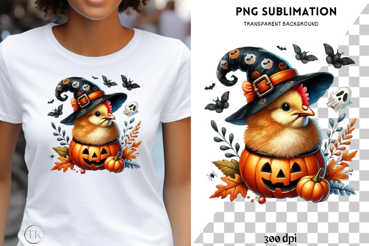 Halloween Chicken PNG, Funny Chicken Witch Shirt Design for Sublimation, Stickers Digital Crafting Chicken Lady Shirt Transparent Download