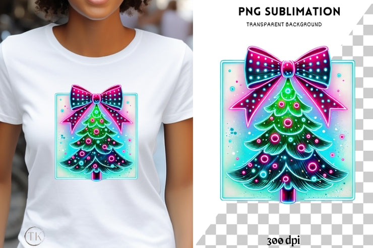 Christmas Coquette PNG | Neon Light Christmas Tree with Bow, Pink Brushstroke, & Merry Christmas Vibes, Girly Christmas Tree, Neon Christmas