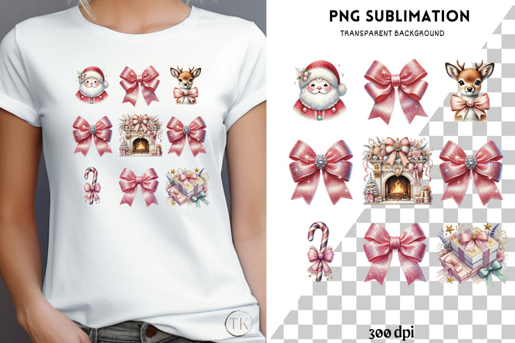 Coquette Christmas Bow PNG, Pink and Preppy Christmas Design for T-Shirts, Sublimation & Transparent PNG, Holiday Design for Merry Christmas