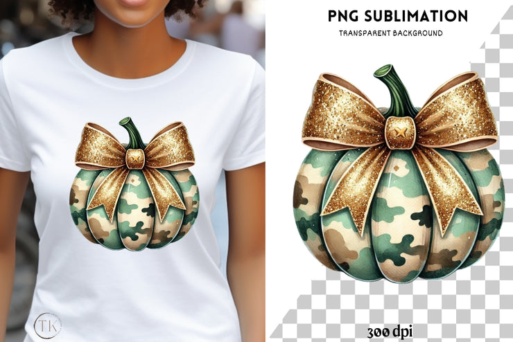 Camouflage Pumpkin Sublimation PNG | Coquette Bow Fall Design for Trendy Autumn Crafting & Girls' Fall Decor, Camo Pumpkin PNG, Sublimation