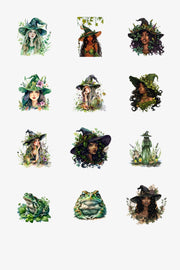 Watercolor Green Witch Clipart Bundle, Instant Download Digital Ephemera, Witchy Stickers, Plants Set, Flowers, Mushroom PNG, Fantasy