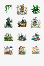 Watercolor Green Witch Clipart Bundle, Instant Download Digital Ephemera, Witchy Stickers, Plants Set, Flowers, Mushroom PNG, Fantasy