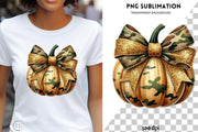 Camo Pumpkin PNG, Coquette Bow & Cute Fall Pumpkin Sublimation Design for Girls’ Fall Crafting, Camouflage Bow for Trendy Autumn Crafting