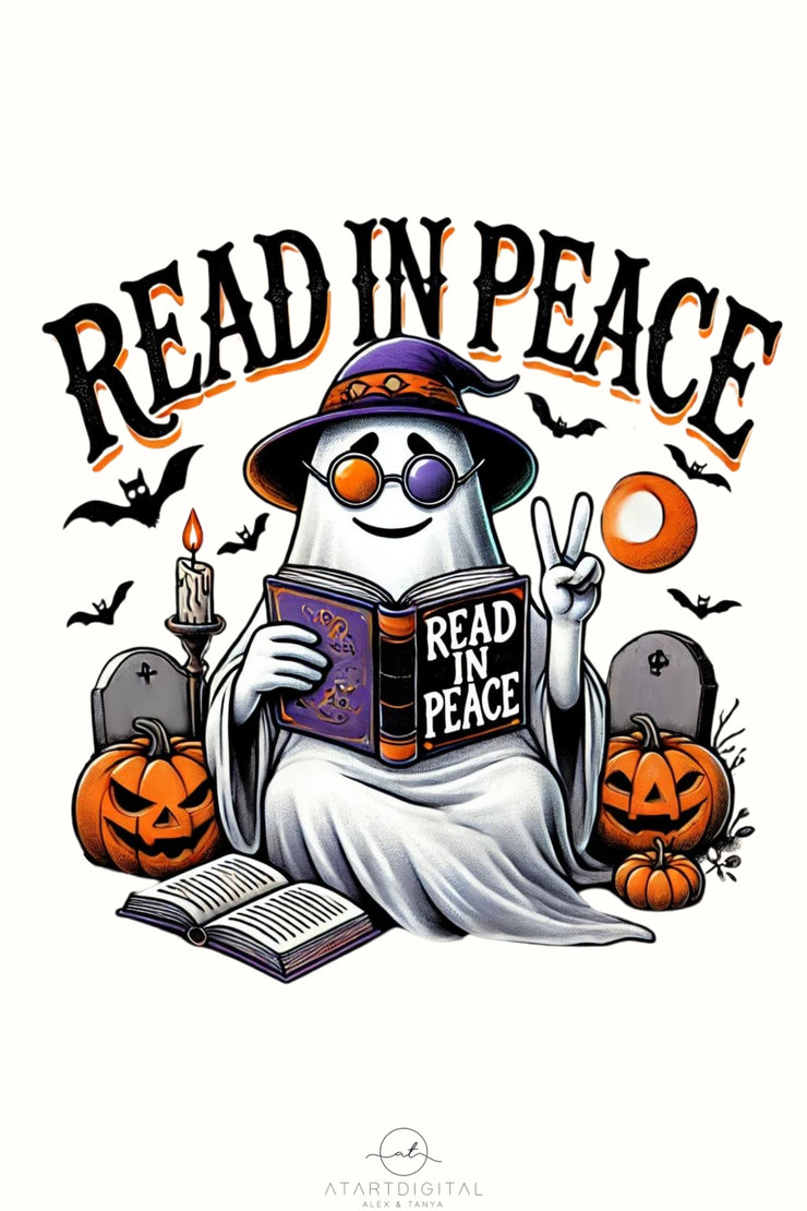 Read in Peace Ghost PNG, Sublimation for Halloween Shirts, Book Lover Designs & DTF Digital Downloads, Ghost Reading Books, Transparent PNG