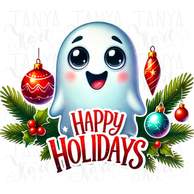 Happy Holidays Ghost PNG, Transparent Winter Sublimation, Cute Christmas Ghost, Holiday Design, Retro Christmas Ghost Digital Download