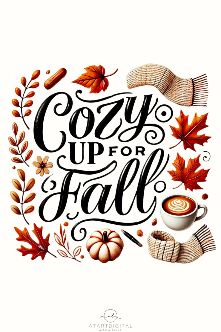 Cozy Up for Fall, Fall Vibes Digital Print, Retro Autumn Leaves PNG Design, Cozy Fall Shirt Design, Sublimation PNG for Tshirt & Card Making