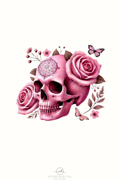 Pink Skull & Flower Watercolor PNG, Boho Floral Sublimation, Gothic Instant Download, Skeleton Floral PNG, Commercial Use Sublimation File