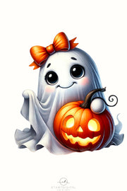 Vintage Halloween Ghost with Pumpkin Sublimation Design, Spooky Season Digital Fall PNG, Cute Ghost & Pumpkin, Coquette Bow Autumn Shirt