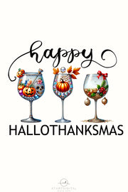 Happy Hallothanksmas, Sublimation Designs, Wine Glasses, Thankful, Transparent Design, Cards & Shirts, Holiday PNG, Christmas, Thanksgiving