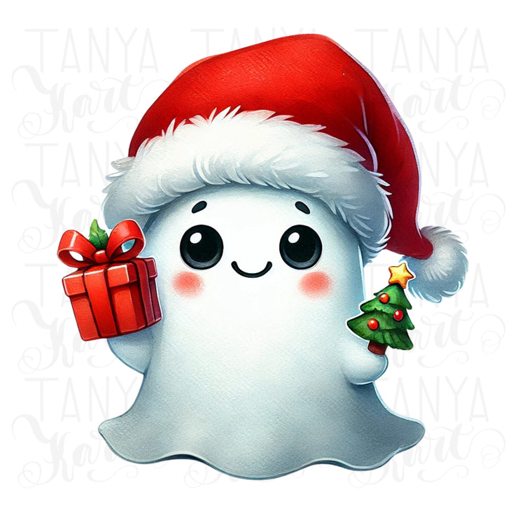 Trendy Christmas Ghost PNG | Cute Retro Ghost with Christmas Tree and Gifts for Sublimation & Holiday Hoodies