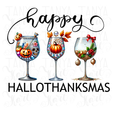 Happy Hallothanksmas, Sublimation Designs, Wine Glasses, Thankful, Transparent Design, Cards & Shirts, Holiday PNG, Christmas, Thanksgiving