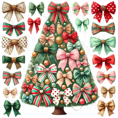 Colorful Coquette Christmas Tree PNG, Winter Sublimation, Holiday Designs for Digital Downloads, Girly Christmas PNG Vibes, Watercolor Bow