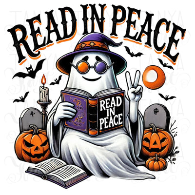 Read in Peace Ghost PNG, Sublimation for Halloween Shirts, Book Lover Designs & DTF Digital Downloads, Ghost Reading Books, Transparent PNG