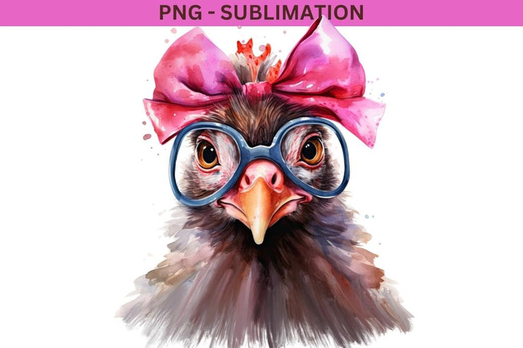 Funny Chicken with Pink Bow and Glasses PNG Sublimation Design