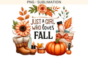 Just a Girl Who Loves Fall PNG, Cozy Season & Autumn Leaves Sublimation, Retro Fall Shirt Design, Digital Download, Autumn Aesthetic