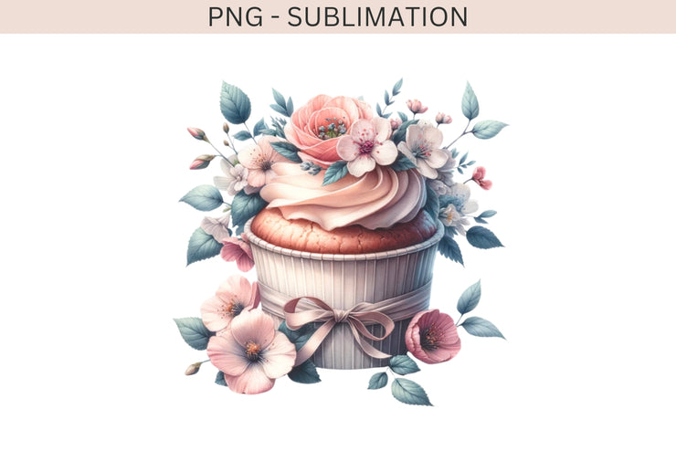 Watercolor Cupcake Sublimation Prints, Floral PNG Design
