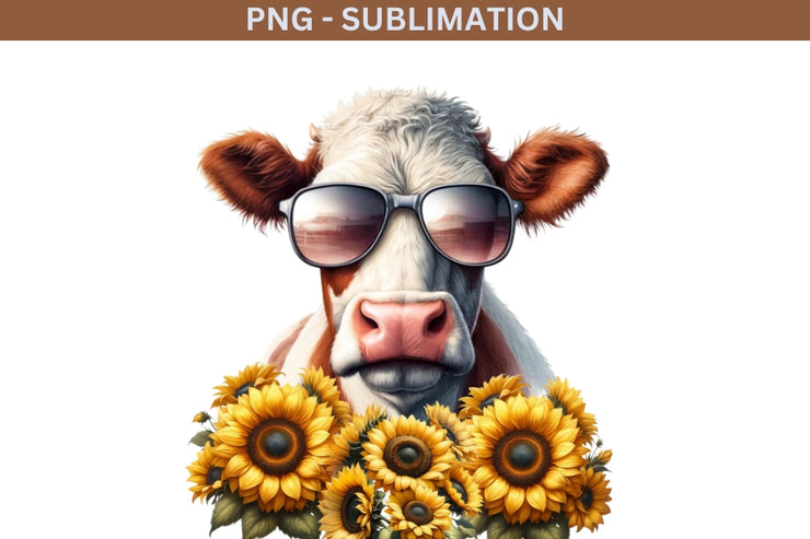 Sunflower Cow Sublimation Design, Farm Animals PNG