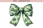 Green Coquette Bow PNG | Grandmillennial Watercolor & Toile de Jouy Chinoiserie for Christmas Sublimation Designs