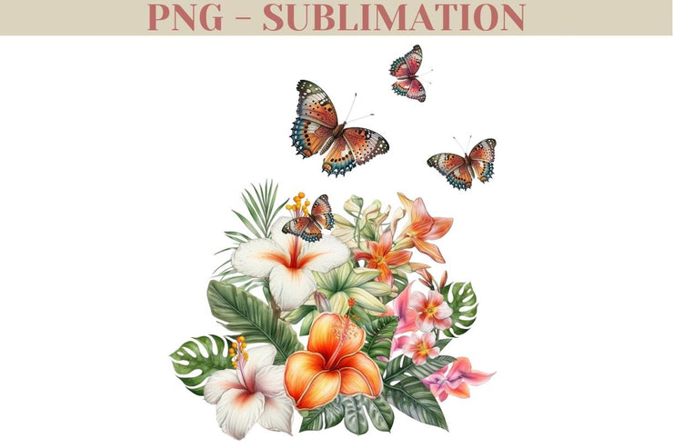 Tropical Flowers Png With Butterflies | PNG Digital Download