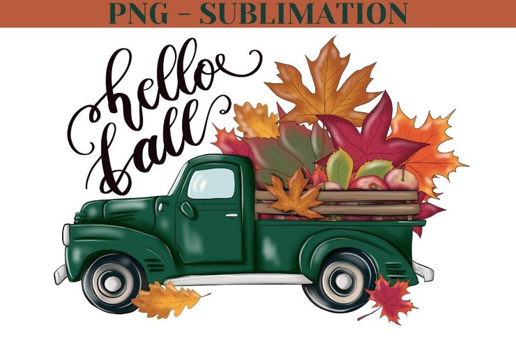 Hello Fall Truck Png Digital Download for Sublimation, Autumn Green Truck with Orange Leaves Digital Image