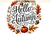 Hello Autumn Sublimation PNG for Fall Shirt Designs, Autumn Leaves Transparent Design, Instant Download, Retro Fall Vibes Digital Print