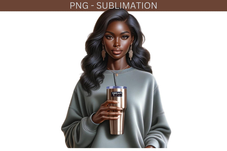 Melanin Woman with Tumbler, Black Girl Png Sublimation Design