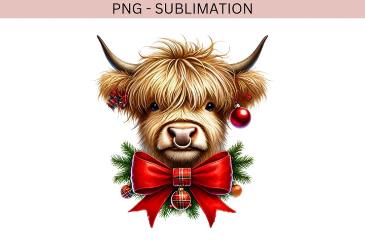 Highland Cow with Coquette Bow, Western Girly Christmas Design for Digital Crafting, Red Christmas Coquette PNG, Merry Xmas Sublimation