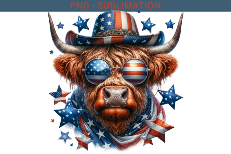 Highland Cow with Sunglasses, Memorial Day Freedom PNG