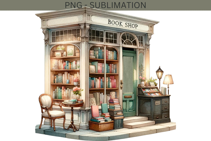 Watercolor Bookstore Illustration, Sublimation PNG Digital Download