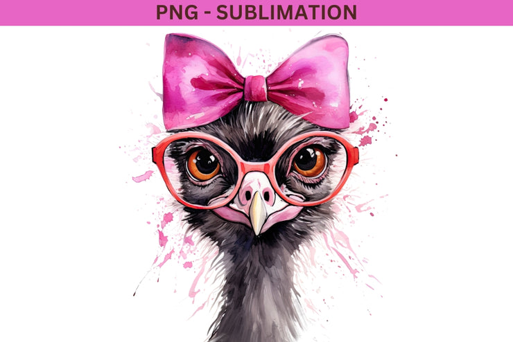 Funny Ostrich PNG with Pink Bow & Glasses