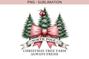 North Pole PNG Sublimation Design, Pink Christmas Shirt, Trendy Coquette Christmas Tree, Watercolor Bow, Girly Christmas, Coquette Bow