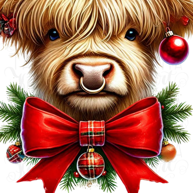 Highland Cow with Coquette Bow, Western Girly Christmas Design for Digital Crafting, Red Christmas Coquette PNG, Merry Xmas Sublimation