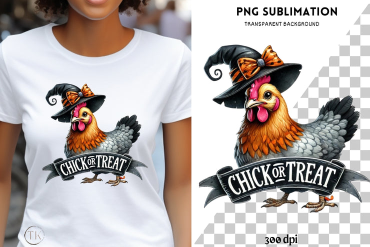 Chick or Treat PNG, Funny Halloween Chicken Sublimation Design for T-Shirts & Farmhouse Halloween Digital Downloads, Funny Chicken Lover PNG