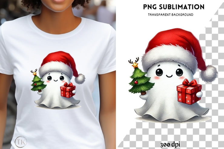 Cute Christmas Ghost PNG, Retro Ghost with Christmas Tree & Gifts for Trendy Holiday Sublimation Designs, Christmas Vibes, Holiday Hoodie