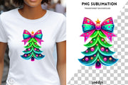 Neon Christmas Tree PNG, Pink Brushstroke & Coquette Bow for Trendy Girly Christmas Shirt Designs, Christmas Coquette, Sublimation