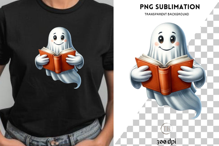 Ghost Reading Book PNG, Trendy Halloween Sublimation, Retro Cute Ghost for Digital Crafting & Stickers, Bookish Ghost, Transparent Downloads