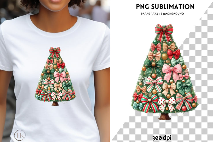 Coquette Christmas Tree PNG, Watercolor Bows and Girly Christmas Sublimation Design for Holiday Shirts, Merry Christmas, Aesthetic Christmas