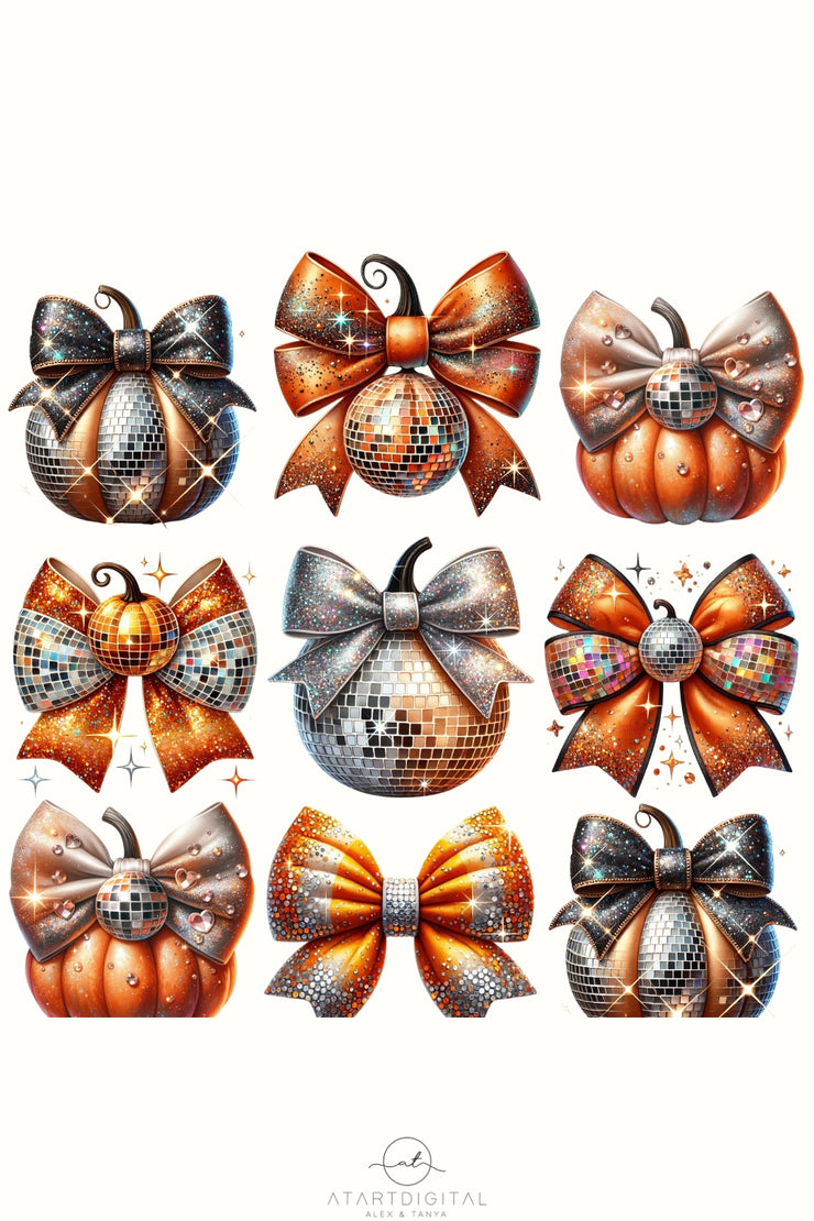 Disco Ball Pumpkin PNG, Glitter Fall Aesthetic Print, Pumpkin Bow PNG, Sparkly Autumn Sublimation Designs, Vintage Coquette Bow PNG