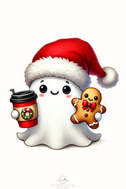 Retro Christmas Ghost PNG, Cute Christmas Gingerbread Man, Coffee Cup, Holiday Hoodie Sublimation, Cute Christmas Ghost,Seasonal Digital Art